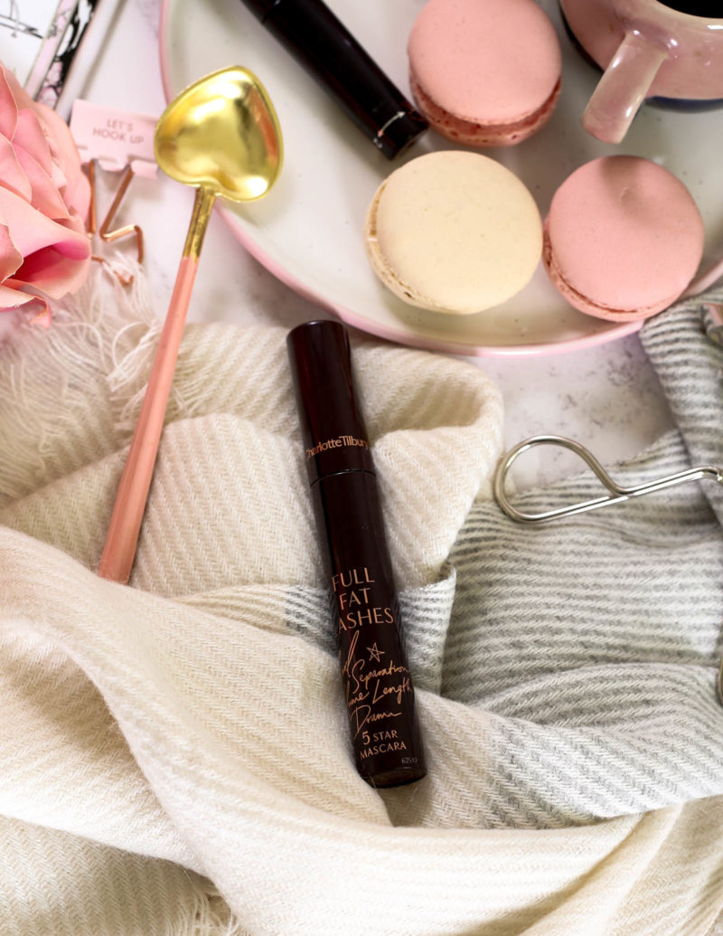 The Mascara Edit | High End Mascaras Worth Trying for Fuller Lashes | feat Charlotte Tilbury Full Fat Lashes stled on scarf with macarons